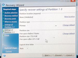 Settings of the primary partition